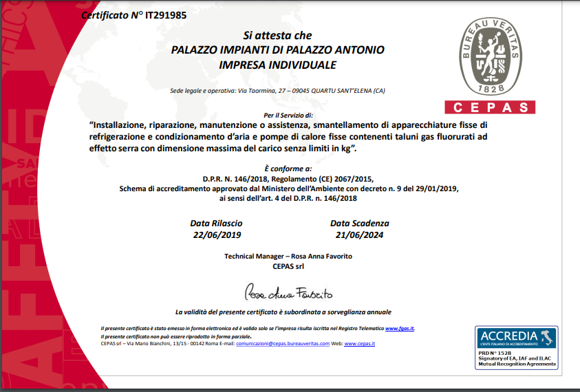 Certificazione Ditta Palazzo Impianti, Certificato Accredia